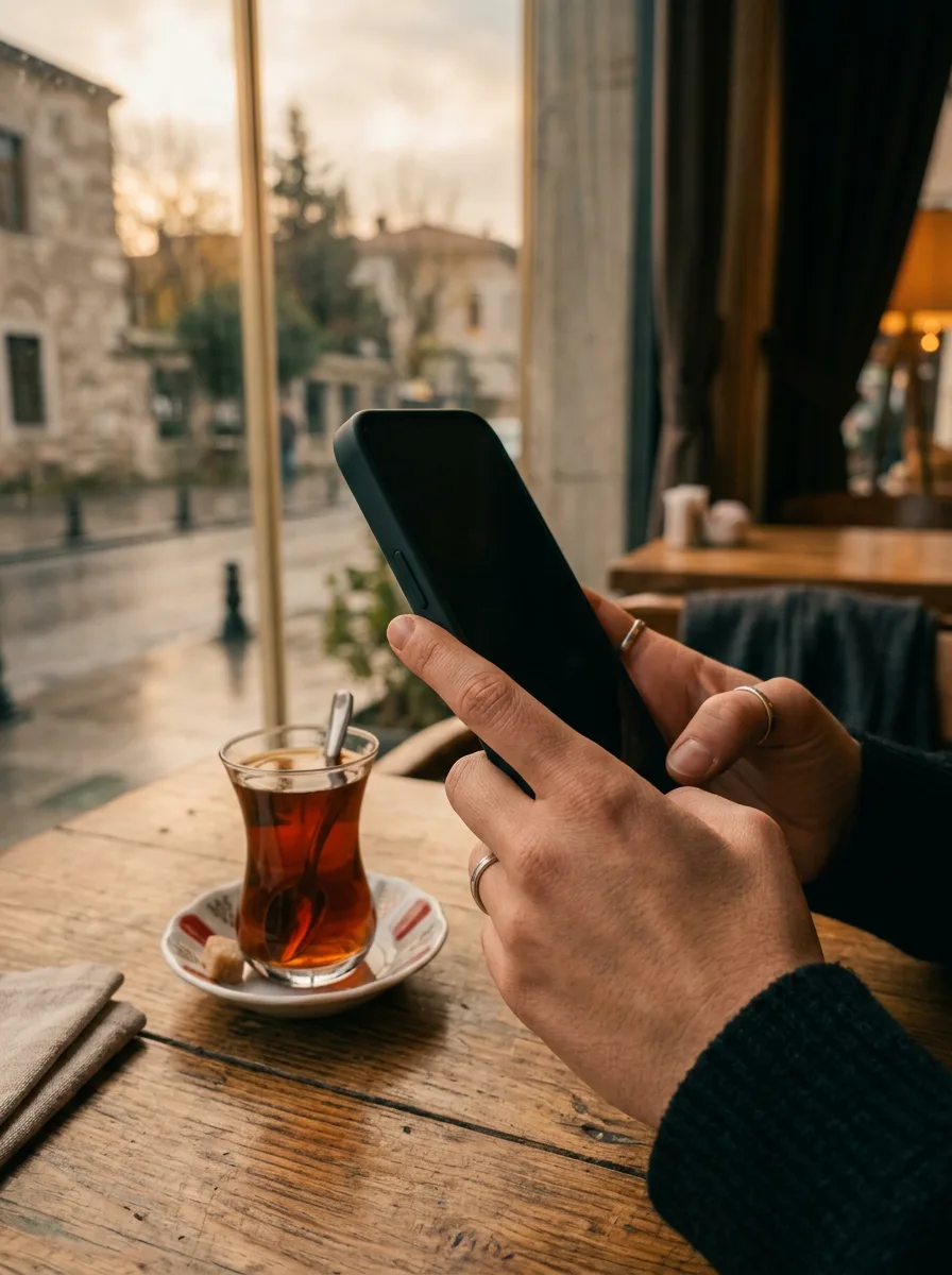 Pencere kenarındaki masada çay bardağını telefonla çekmeye hazırlanan eller.