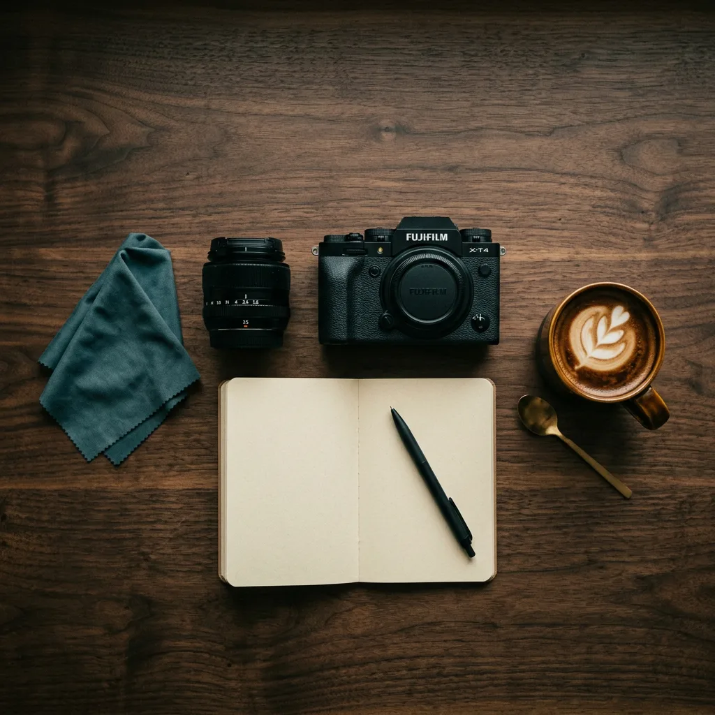 Ahşap masa üzerinde fotoğraf makinesi, lens, bez, defter ve kahve ile düzenlenmiş sade bir kompozisyon.