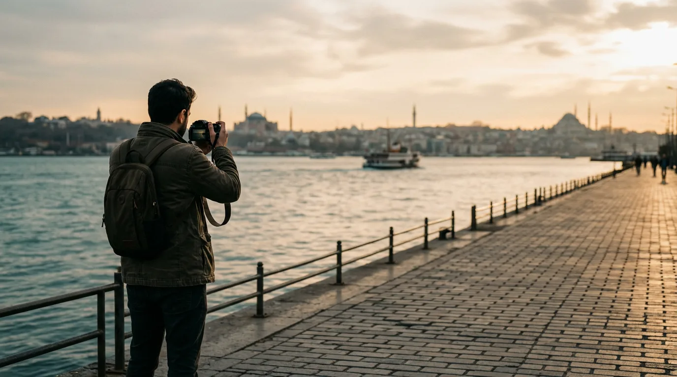 Gün batımında İstanbul sahilinde elinde fotoğraf makinesiyle duran, arkadan görünen bir fotoğrafçı.