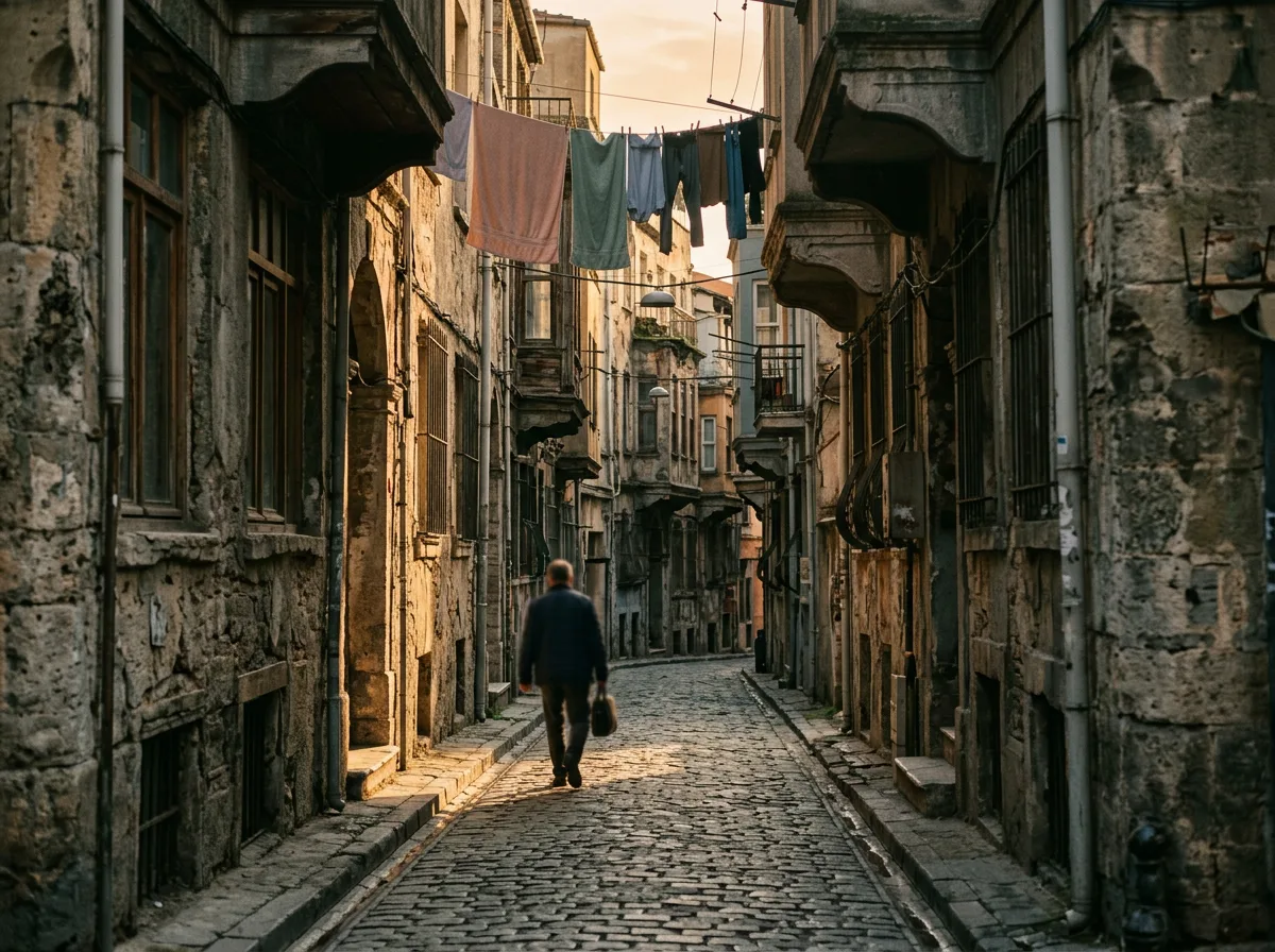 Karaköy'de dar bir sokakta sıcak ışık huzmesinden geçen, odak dışı bir yaya ile sokak fotoğrafı sahnesi.